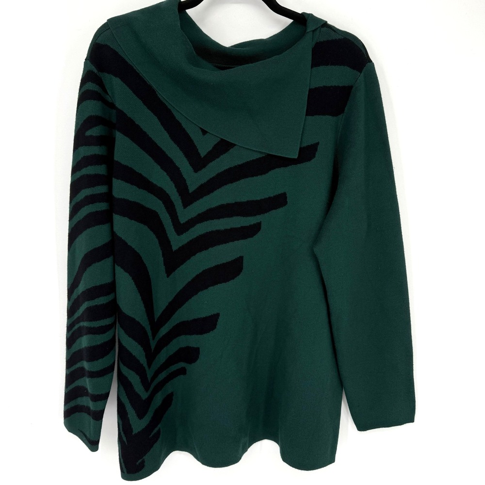 Investments Sweater‎ Womens 1X Green Black Zebra Print Cowl Neck Long Sleeve New